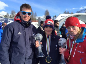 Duncan Freshwater, Millie Knight and Jennifer Kehoe celebrate victory in St Moritz