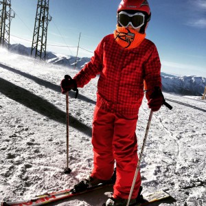 Snazzy in red at the top of Les 2 Alpes - 3200 metres