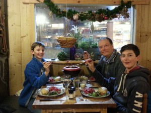 La Fondue en Folie - quirky fondue restaurant, with baskets of bread suspended above each table